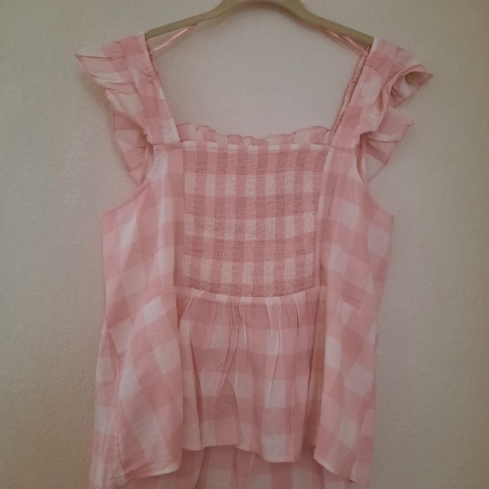 Old Navy Sleeveless Ruffle Trim Smock Gingham Blouse NWT Pink Pastel Plus Sz 2X - Picture 6 of 11